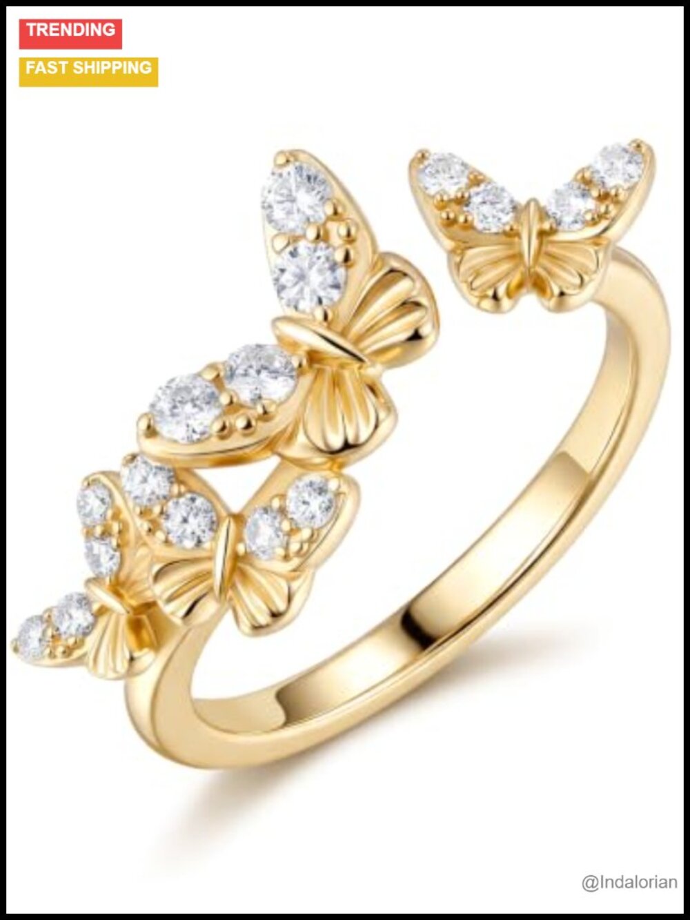 Moissanite Butterfly Star Adjustable Ring 925 Sterling Silver Yellow Gold Plated
